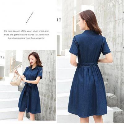 ĐẦM JEAN CỔ SƠ MI THẮT EO THÊU HOA - NJ020